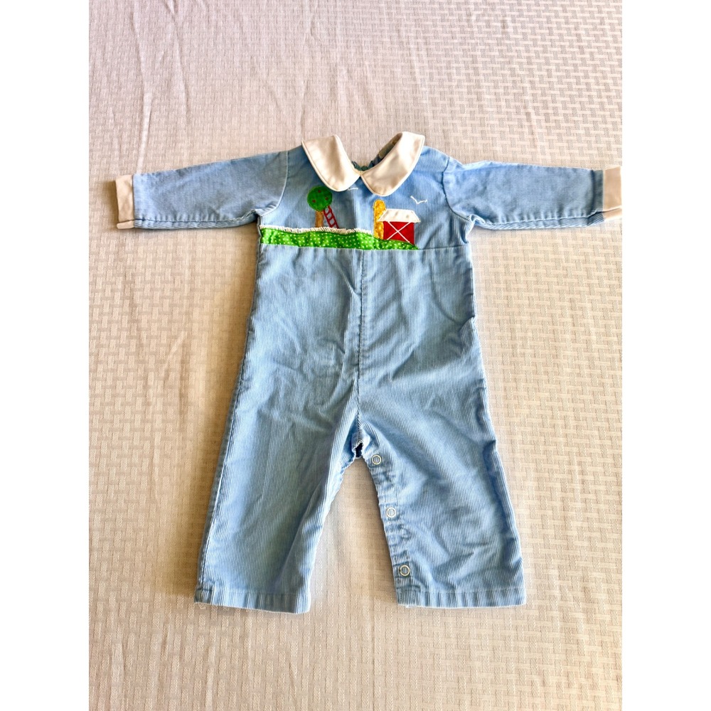 Vintage Thomas Light Blue Corduroy Farm Embroidered Romper 6-9 Mos Made in USA